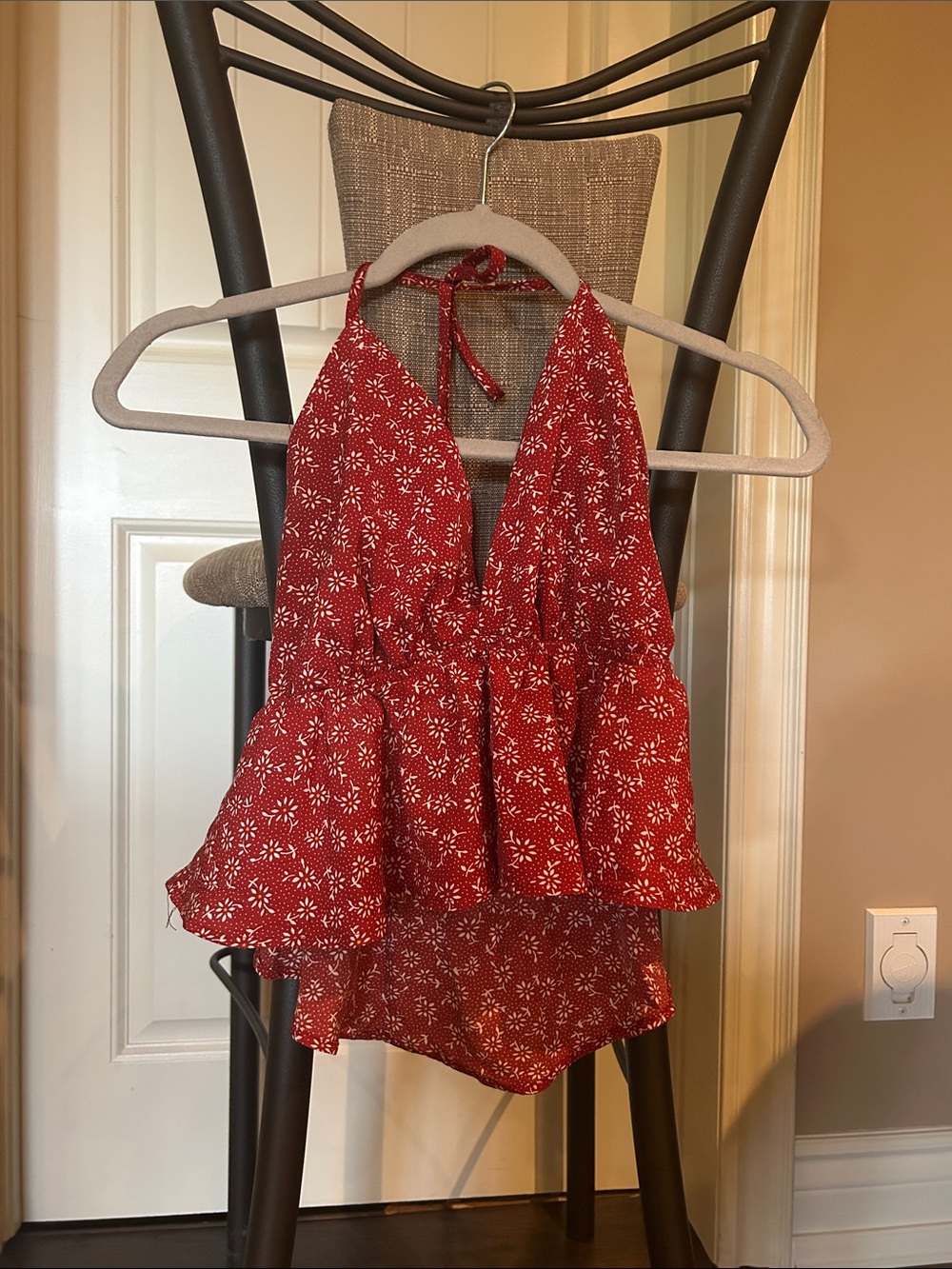 Red Floral Halter Peplum Tank Top